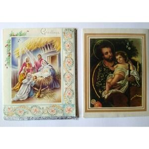 Mid Century Christmas Greeting Card Set Of 2 Religious Vintage Jesus Holy Family